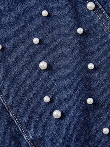 Sweetra French Sweet Mature Style Deep Blue Regular Waist Wide Leg Denim Jeans With Gradient Rhinestone Hem, Frayed Edge, Side Pockets, Straight Leg Long Pants - Dark Wash - View 5