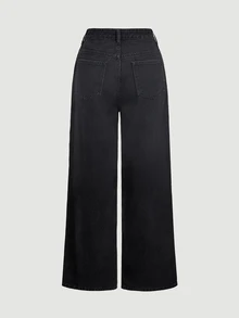 Sweetra Beaded Detail Wide Leg Jeans Nightout Black Autumn Streetwear Casual - Black - View 2