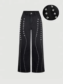 Sweetra Beaded Detail Wide Leg Jeans Nightout Black Autumn Streetwear Casual - Black - View 1