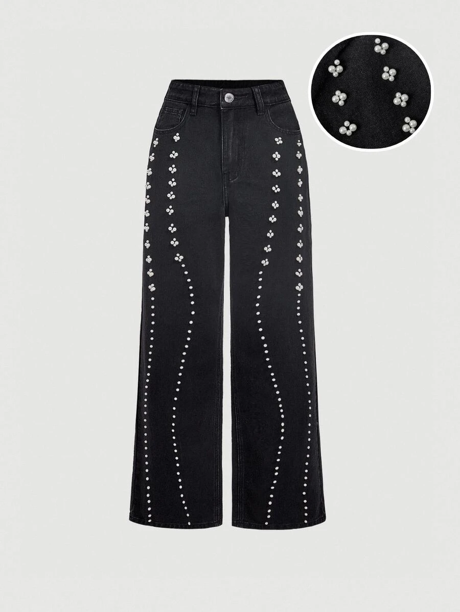 Sweetra Beaded Detail Wide Leg Jeans Nightout Black Autumn Streetwear Casual - Black - View 1