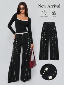 Sweetra Beaded Detail Wide Leg Jeans Nightout Black Autumn Streetwear Casual - Black - View 3