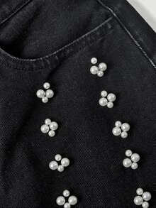 Sweetra Beaded Detail Wide Leg Jeans Nightout Black Autumn Streetwear Casual - Black - View 5