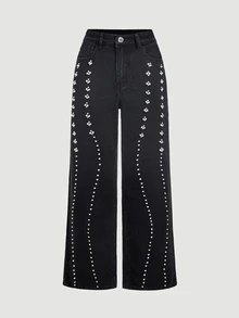 Sweetra Beaded Detail Wide Leg Jeans Nightout Black Autumn Streetwear Casual - Black - View 6