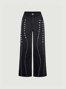 Sweetra Beaded Detail Wide Leg Jeans Nightout Black Autumn Streetwear Casual - Black - View 7
