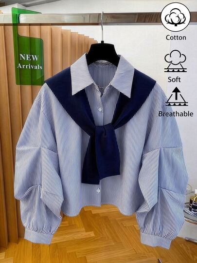 GlowEve Premium Commuter Casual Versatile High-End Chic Fashion Shawl Collar Ruched Lapel Striped Vintage Long Sleeve Women's Blouse