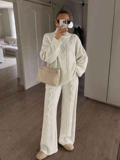 CLARA VERO Ensemble pull col roulé tricoté et pantalon, coupe oversize décontractée minimaliste, pour le quotidien, les voyages ou l'hiver, Top col roulé blanc cassé