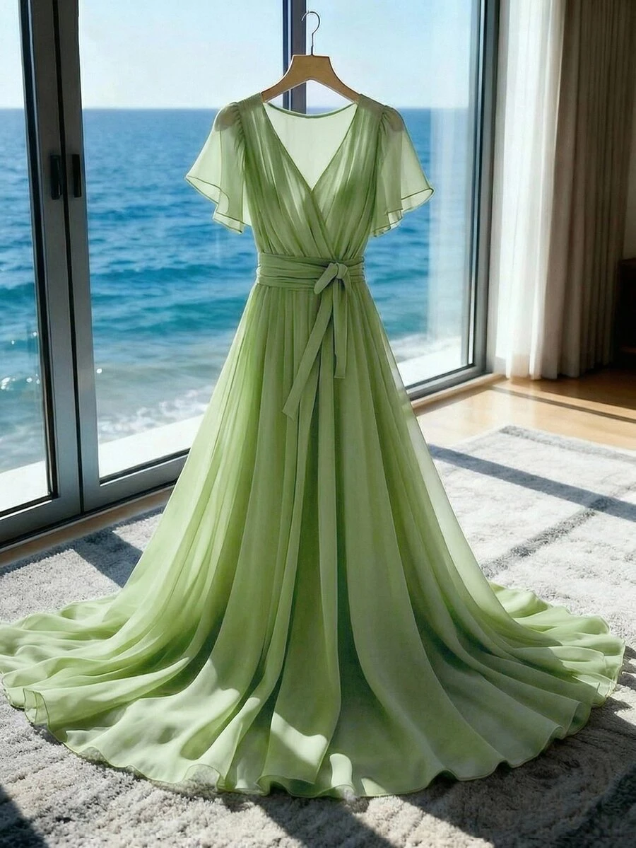 GlowEve New Arrival Spring/Summer Elegant Flowing Chiffon Dress For Women - Green - View 1