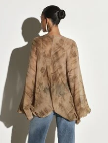 KSTM Blus Chiffon Transparan Ukuran Besar Lengan Lonceng dengan Leher V dan Kancing Depan, Motif Botani Abstrak, Hem Tinggi Rendah, Atasan Boho Musim Panas - MultiWarna - View 2