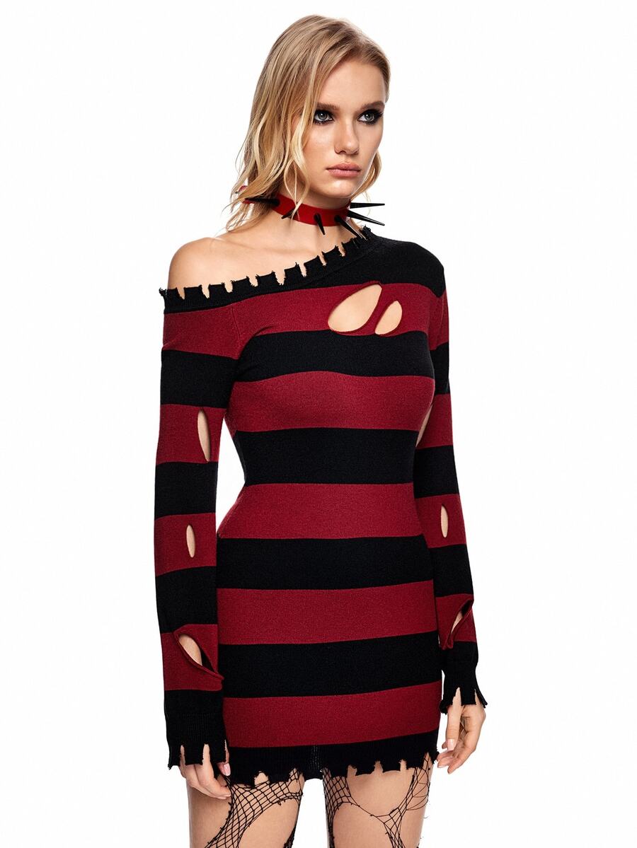 ROMWE Grunge Punk Women's Long Sleeve Ripped Striped Pullover Sweater, Autumn & Winter - Multicolor - View 1