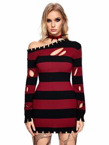 ROMWE Grunge Punk Women's Long Sleeve Ripped Striped Pullover Sweater, Autumn & Winter - Multicolor - View 3