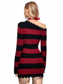 ROMWE Grunge Punk Women's Long Sleeve Ripped Striped Pullover Sweater, Autumn & Winter - Multicolor - View 5