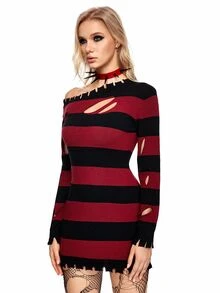 ROMWE Grunge Punk Women's Long Sleeve Ripped Striped Pullover Sweater, Autumn & Winter - Multicolor - View 4