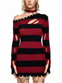 ROMWE Grunge Punk Women's Long Sleeve Ripped Striped Pullover Sweater, Autumn & Winter - Multicolor - View 2