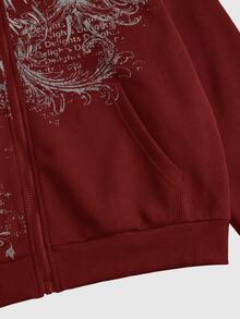 ROMWE MEN Men's Printed Pattern Antenna Loose Hooded Sweatshirt Streetwear - Burgundy - View 5