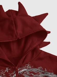 ROMWE MEN Men's Printed Pattern Antenna Loose Hooded Sweatshirt Streetwear - Burgundy - View 2