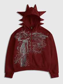 ROMWE MEN Men's Printed Pattern Antenna Loose Hooded Sweatshirt Streetwear - Burgundy - View 6