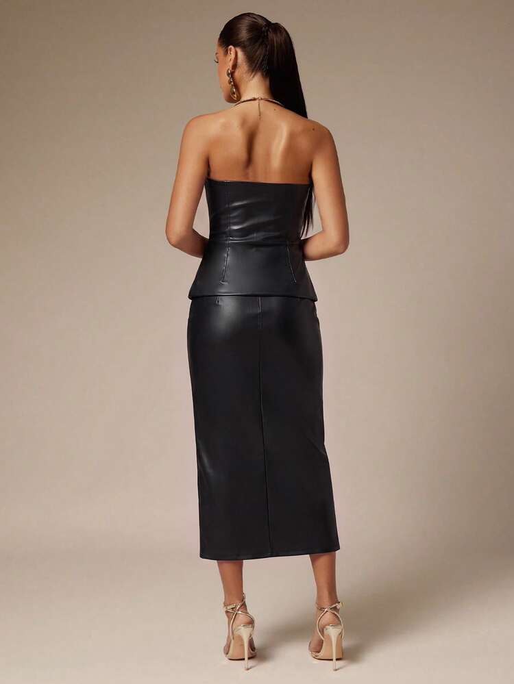 Silquee Women's Solid Color Bandeau Top And Slit Design Skirt Fashion Set Elegant Women's Set Winter Clothes Festival Outfits For Women Concert Outfit - Black - View 2
