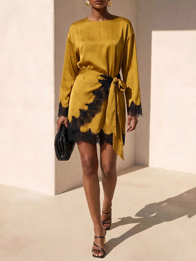 Zivah Frühherbst Neuankömmling Damen Lässig Elegant Party Urlaub Reise Alltag Streetwear Basic Vielseitig Pendeln Brunch Büro Formell Landstil Rundhals Langarm Tailliert Bindung Raffung Asymmetrischer Saum Lang Spitze Patchwork Satin Satin Grün Kleid