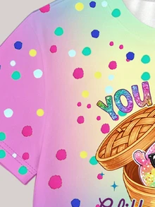 2件組青少年女孩夏季時尚數位印花短褲套裝，「You're A Glitter Dumpling」卡通印花兒童T恤與短褲套裝，彩色印花 - 彩色 - 查看 4