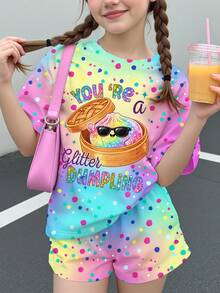 2件組青少年女孩夏季時尚數位印花短褲套裝，「You're A Glitter Dumpling」卡通印花兒童T恤與短褲套裝，彩色印花 - 彩色 - 查看 1