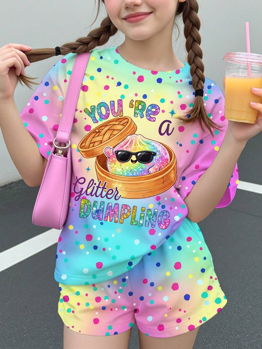 2件組青少年女孩夏季時尚數位印花短褲套裝,「You're A Glitter Dumpling」卡通印花兒童T恤與短褲套裝,彩色印花 - 彩色 - 查看 1