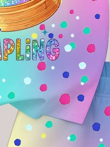 2件組青少年女孩夏季時尚數位印花短褲套裝，「You're A Glitter Dumpling」卡通印花兒童T恤與短褲套裝，彩色印花 - 彩色 - 查看 5