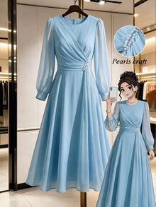 GlowEve CURVE Plus Size Round Neck Bow Tie Pearl Decor Lantern Sleeve Chiffon Back Zipper Dress Wedding Formal Evening Light Blue Autumn Elegant Celestial - Blue - View 1