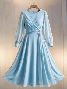 GlowEve CURVE Plus Size Round Neck Bow Tie Pearl Decor Lantern Sleeve Chiffon Back Zipper Dress Wedding Formal Evening Light Blue Autumn Elegant Celestial - Blue - View 4