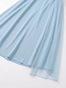 GlowEve CURVE Plus Size Round Neck Bow Tie Pearl Decor Lantern Sleeve Chiffon Back Zipper Dress Wedding Formal Evening Light Blue Autumn Elegant Celestial - Blue - View 7