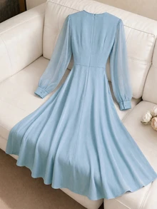 GlowEve CURVE Plus Size Round Neck Bow Tie Pearl Decor Lantern Sleeve Chiffon Back Zipper Dress Wedding Formal Evening Light Blue Autumn Elegant Celestial - Blue - View 2
