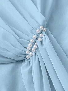 GlowEve CURVE Plus Size Round Neck Bow Tie Pearl Decor Lantern Sleeve Chiffon Back Zipper Dress Wedding Formal Evening Light Blue Autumn Elegant Celestial - Blue - View 6