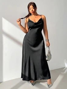 GalTyme 大码女式纯色垂坠领优雅吊带裙 - 黑色 - 查看 5