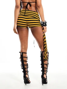 SUMWON WOMEN Striped Booty Shorts With Tie Belt And Asymmetric Drape Panel For Festival And Summer - Yellow - View 2