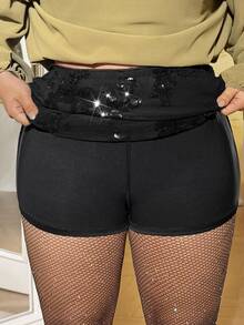 GalTyme Plus Size Women's Sequin Floral Pattern Fashion Versatile Mini Skirt Fall - Black - View 6