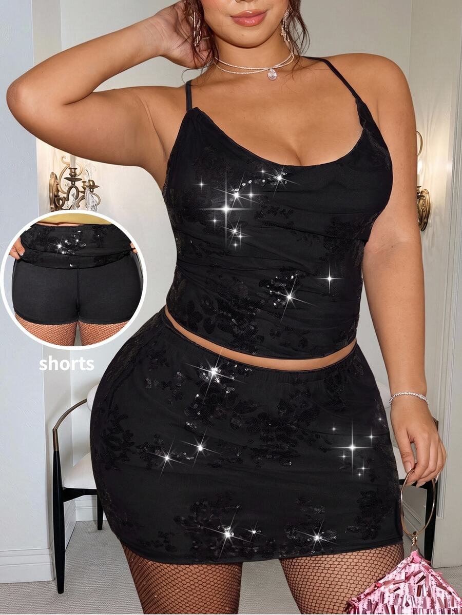 GalTyme Plus Size Women's Sequin Floral Pattern Fashion Versatile Mini Skirt Fall - Black - View 1