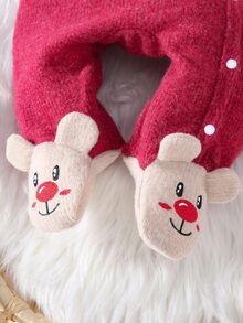 SHEIN 2件組新生女嬰連腳連身衣，可愛甜美酒紅色馴鹿刺繡長袖圓領加厚套頭衫，聖誕派對冬季秋季款 - 紅色 - 查看 6