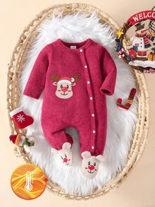 SHEIN 2件組新生女嬰連腳連身衣，可愛甜美酒紅色馴鹿刺繡長袖圓領加厚套頭衫，聖誕派對冬季秋季款 - 紅色 - 查看 7
