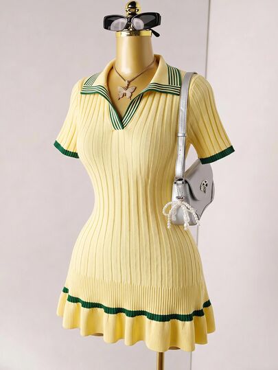 Soleia Women's Colorblock Casual Cute Daily Brunch School Knit Dress Green And Yellow Summer