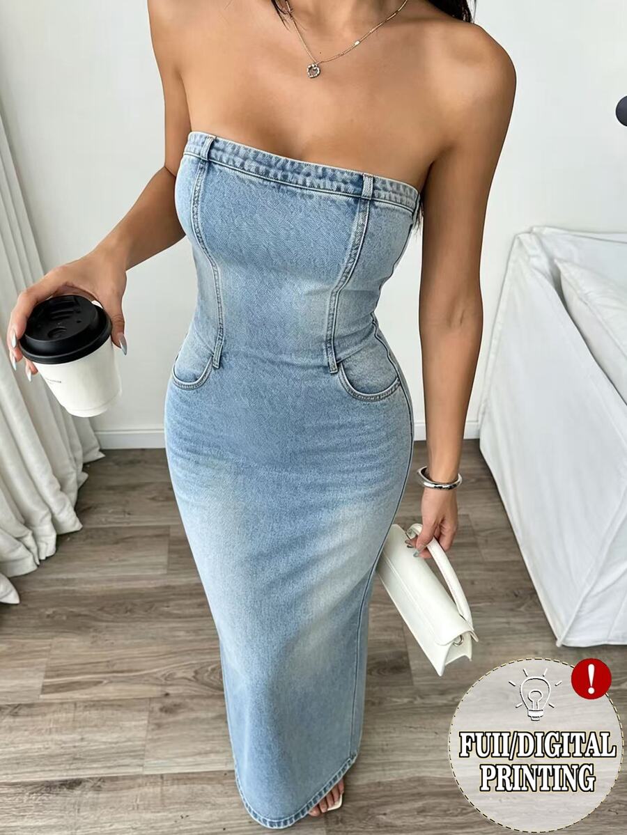 Resyla Women's Summer Fashion Casual Washed Bandeau Denim Dress - Multicolor - View 1