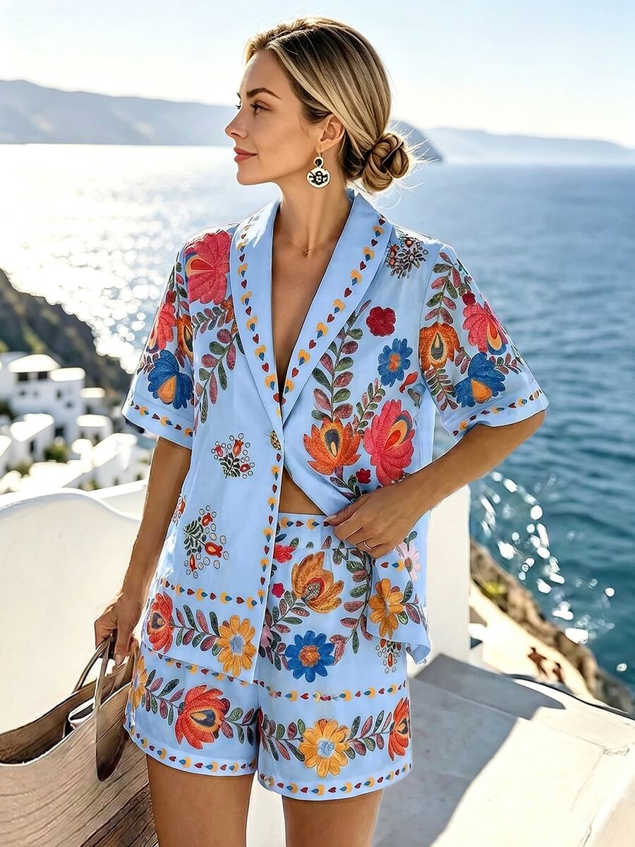 Louniche Light Blue Floral Two Pieces Set Summer Boho Breezy European Short-Sleeve Blazer Shorts Beach Vacation Holiday Button Accents Prints Casual Outfits - Multicolor - View 1