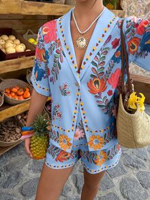 Louniche Light Blue Floral Two Pieces Set Summer Boho Breezy European Short-Sleeve Blazer Shorts Beach Vacation Holiday Button Accents Prints Casual Outfits - Multicolor - View 5