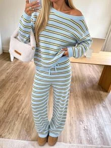 Teenage Color-Block Minimalist Shoulder Top Paired With Casual Long Pants, Elegant, Youthful And Gentle Pullover - Blue - View 2