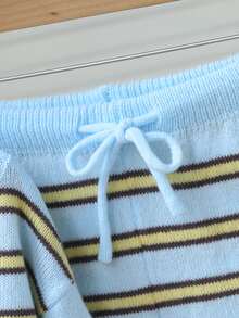 Teenage Color-Block Minimalist Shoulder Top Paired With Casual Long Pants, Elegant, Youthful And Gentle Pullover - Blue - View 6