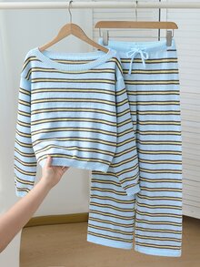 Teenage Color-Block Minimalist Shoulder Top Paired With Casual Long Pants, Elegant, Youthful And Gentle Pullover - Blue - View 10