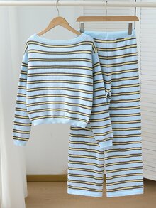 Teenage Color-Block Minimalist Shoulder Top Paired With Casual Long Pants, Elegant, Youthful And Gentle Pullover - Blue - View 3