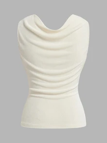SHEIN ICON Women's Plain Ruched Neck Pleated Casual Versatile Tank Top - Beige - View 2