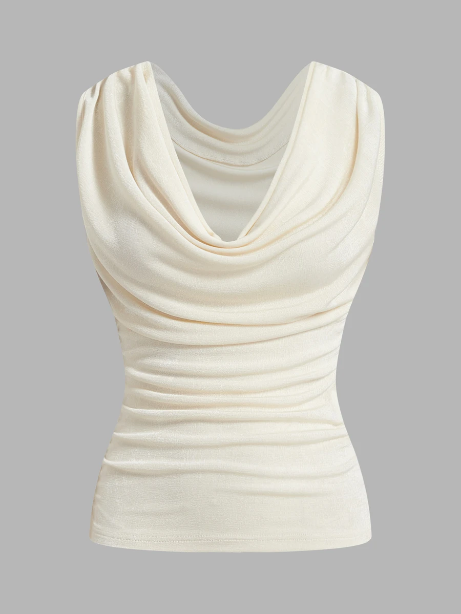 SHEIN ICON Women's Plain Ruched Neck Pleated Casual Versatile Tank Top - Beige - View 1