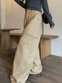 DAZY Women's Casual Solid Color Wide Leg Cargo Pants - Khaki - View 8