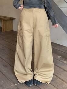 DAZY Women's Casual Solid Color Wide Leg Cargo Pants - Khaki - View 4