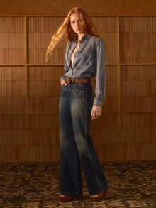MOTF STUDIO Celana Jeans Flare Gaya Liburan Kasual Vintage Wanita dengan Dekorasi Rhinestone dan Washed - Biru - View 7